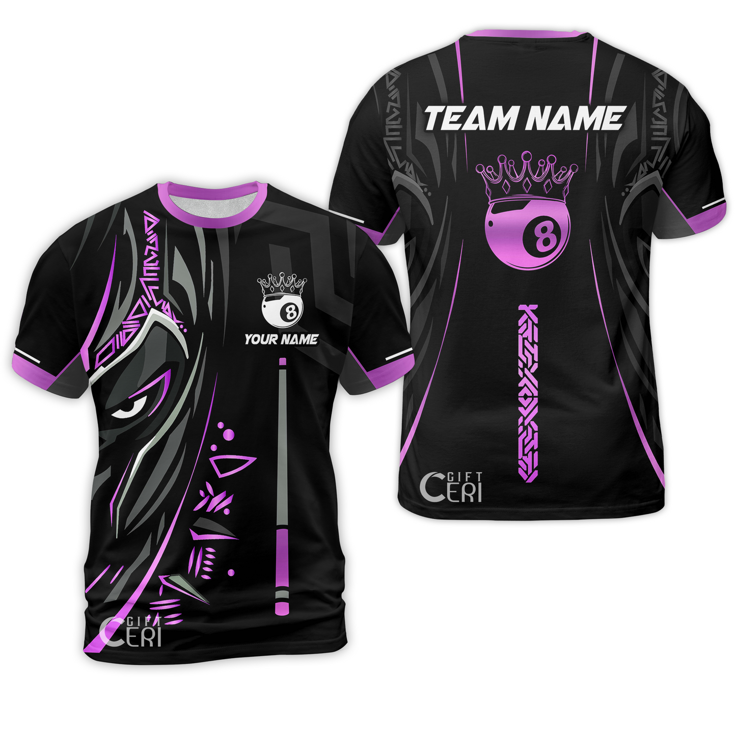 Customized Billiards T-Shirt, Black Panther With Snooker Cue and 8 Ball Crown, 8 Ball Pool Jersey