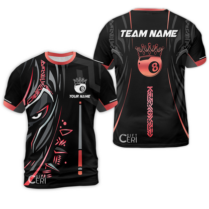 Customized Billiards T-Shirt, Black Panther With Snooker Cue and 8 Ball Crown, 8 Ball Pool Jersey