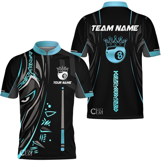 Customized Billiards Stand Collar Quarter-Zip Short Sleeve Jersey, Black Panther With Snooker Cue 8 Ball Pool Jersey