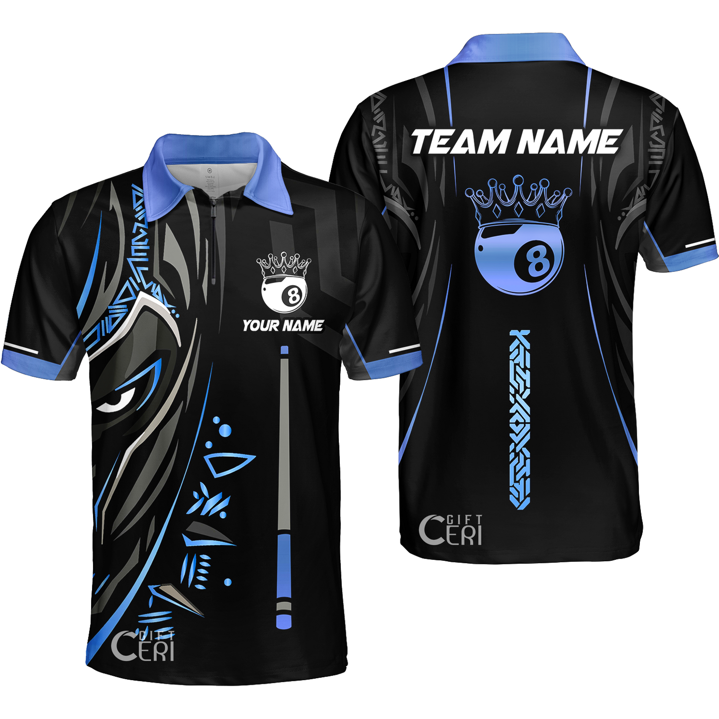 Customized Billiards Quarter-Zip Polo Shirt, Black Panther With Snooker Cue and 8 Ball Crown, 8 Ball Pool Jersey