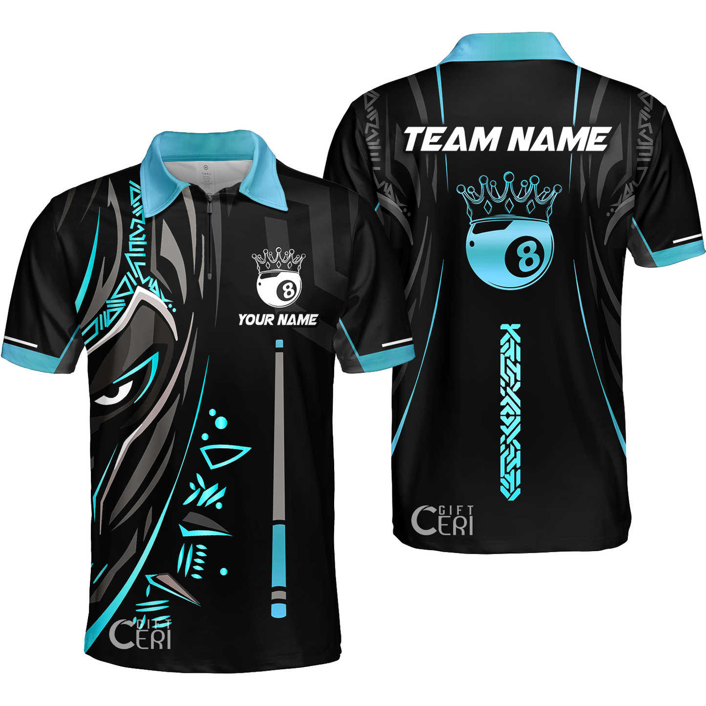 Customized Billiards Quarter-Zip Polo Shirt, Black Panther With Snooker Cue and 8 Ball Crown, 8 Ball Pool Jersey