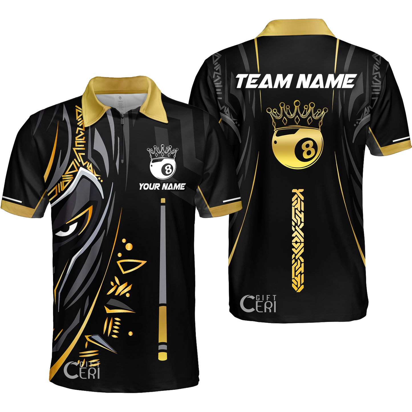Customized Billiards Quarter-Zip Polo Shirt, Black Panther With Snooker Cue and 8 Ball Crown, 8 Ball Pool Jersey