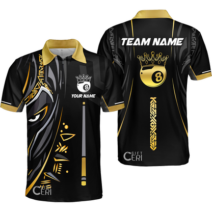 Customized Billiards Quarter-Zip Polo Shirt, Black Panther With Snooker Cue and 8 Ball Crown, 8 Ball Pool Jersey