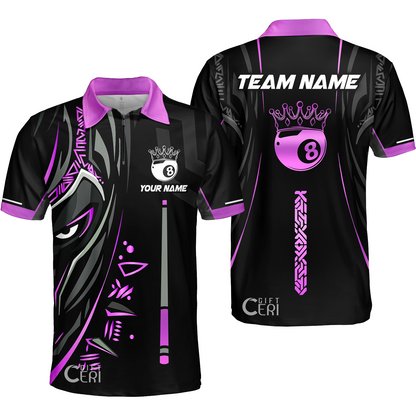 Customized Billiards Quarter-Zip Polo Shirt, Black Panther With Snooker Cue and 8 Ball Crown, 8 Ball Pool Jersey
