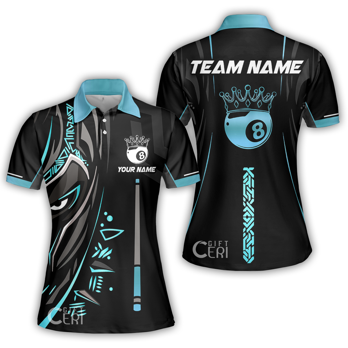 Customized Billiards Women Polo Shirt, Black Panther With Snooker Cue and 8 Ball Crown, 8 Ball Pool Jersey