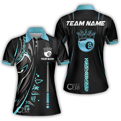 Customized Billiards Women Polo Shirt, Black Panther With Snooker Cue and 8 Ball Crown, 8 Ball Pool Jersey