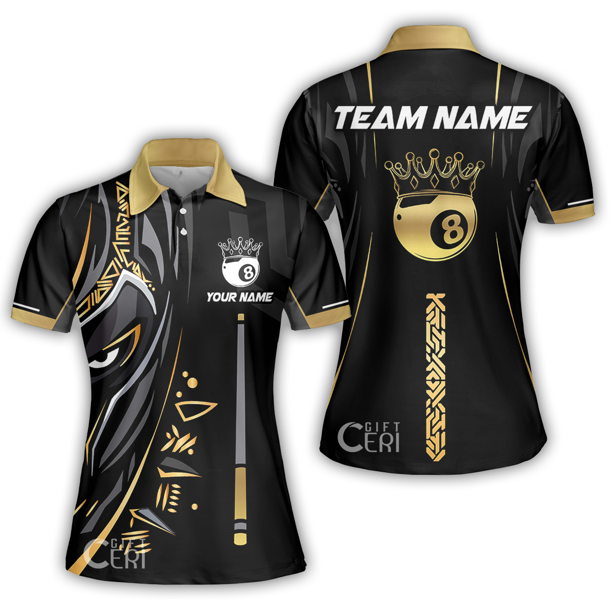 Customized Billiards Women Polo Shirt, Black Panther With Snooker Cue and 8 Ball Crown, 8 Ball Pool Jersey