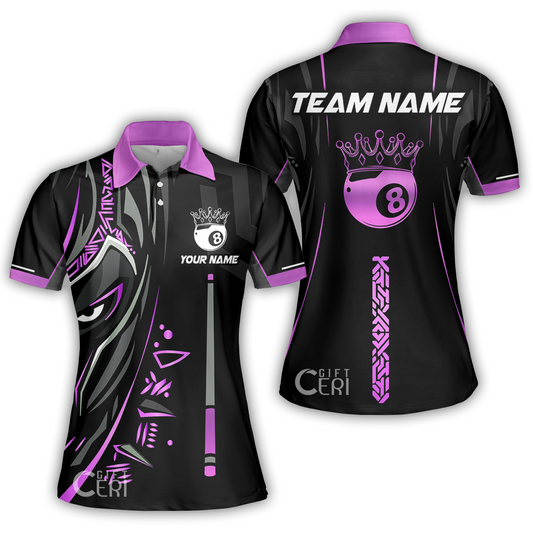 Customized Billiards Women Polo Shirt, Black Panther With Snooker Cue and 8 Ball Crown, 8 Ball Pool Jersey
