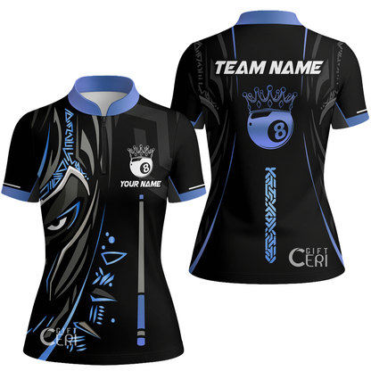 Customized Billiards Stand Collar Quarter Zip Short Sleeve Women's Shirt, Black Panther With Cue 8 Ball Pool Jersey