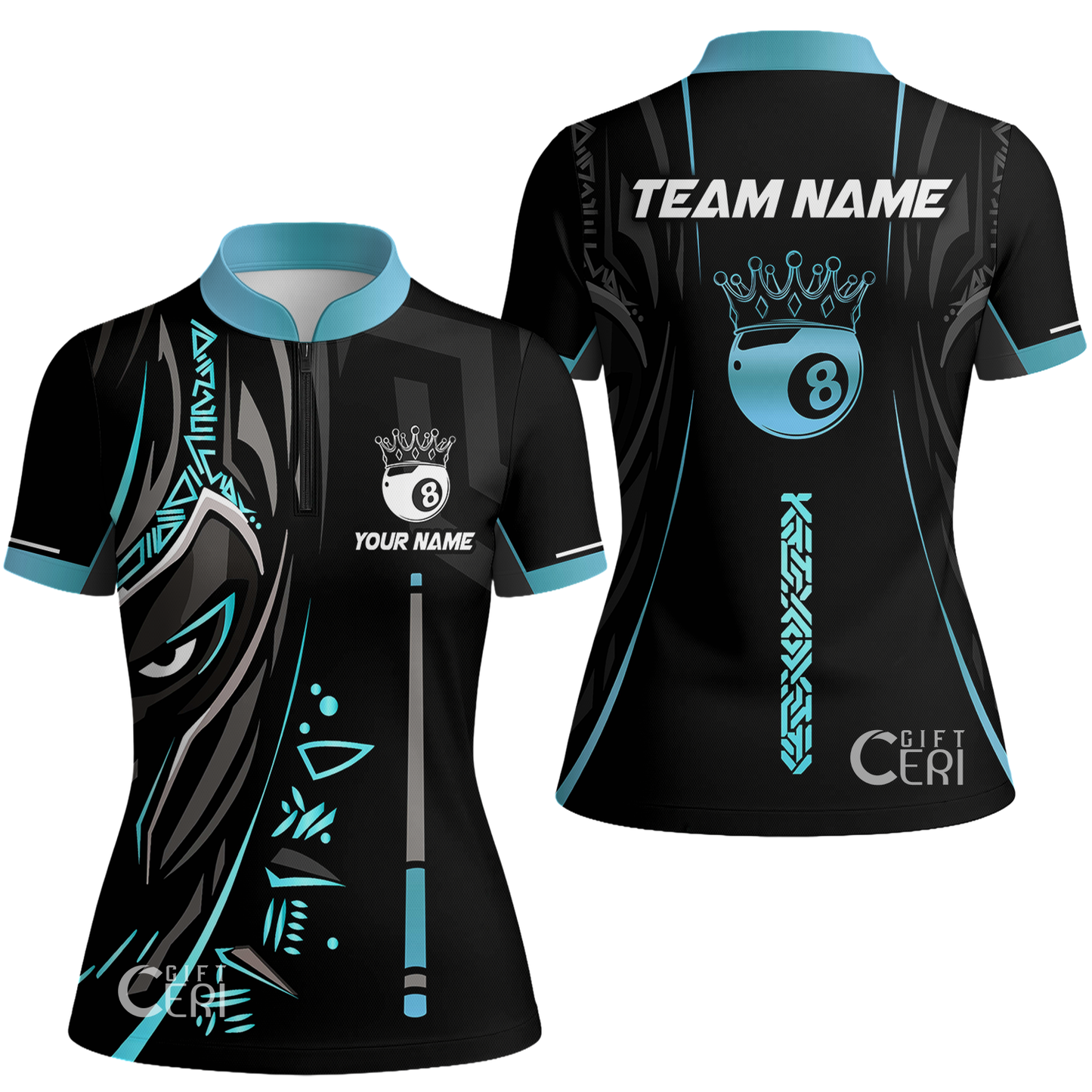 Customized Billiards Stand Collar Quarter Zip Short Sleeve Women's Shirt, Black Panther With Cue 8 Ball Pool Jersey