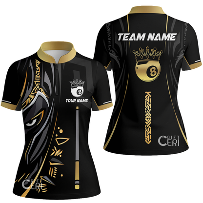 Customized Billiards Stand Collar Quarter Zip Short Sleeve Women's Shirt, Black Panther With Cue 8 Ball Pool Jersey