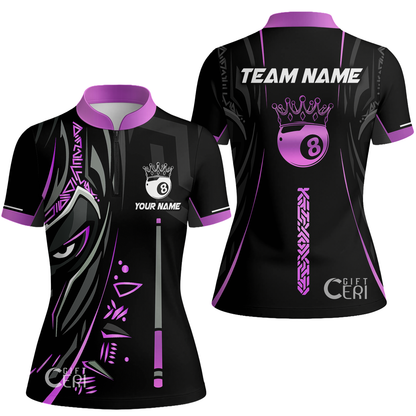 Customized Billiards Stand Collar Quarter Zip Short Sleeve Women's Shirt, Black Panther With Cue 8 Ball Pool Jersey