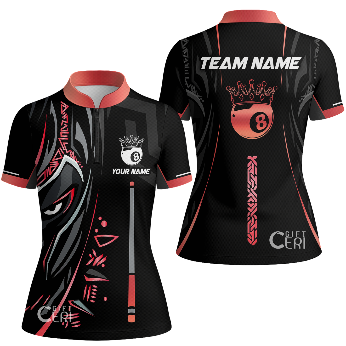 Customized Billiards Stand Collar Quarter Zip Short Sleeve Women's Shirt, Black Panther With Cue 8 Ball Pool Jersey