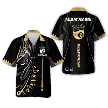 Customized Billiards Hawaiian Shirt, Black Panther With Snooker Cue and 8 Ball Crown, 8 Ball Pool Jersey