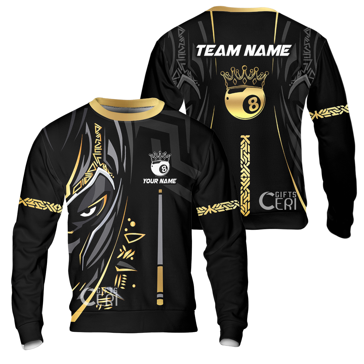 Customized Billiards Sweatshirt, Black Panther With Snooker Cue and 8 Ball Crown, 8 Ball Pool Jersey