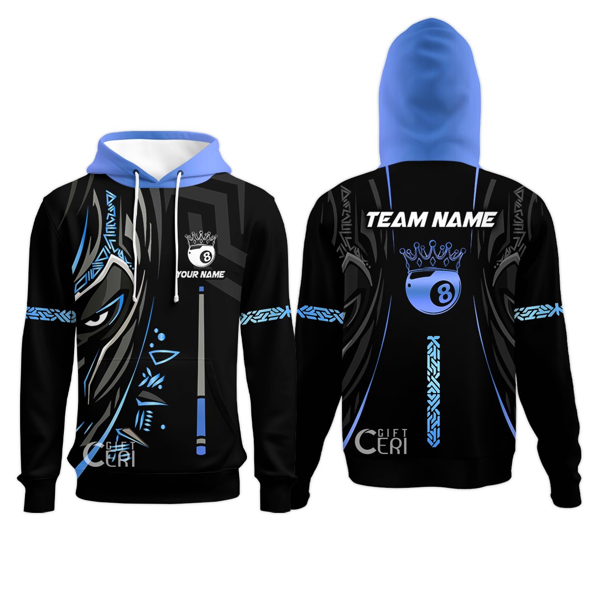 Customized Billiards Hoodies, Black Panther With Snooker Cue and 8 Ball Crown, 8 Ball Pool Jersey