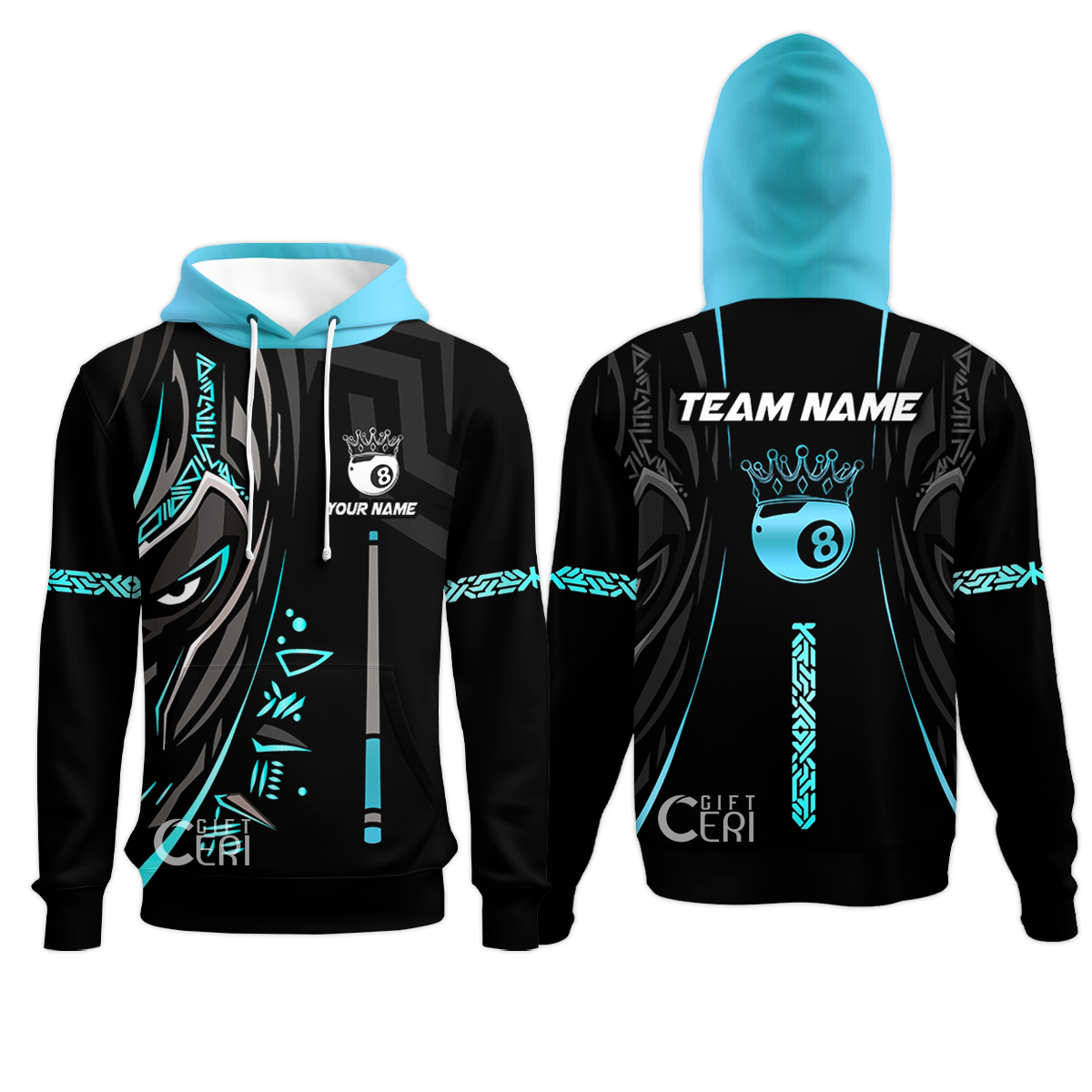 Customized Billiards Hoodies, Black Panther With Snooker Cue and 8 Ball Crown, 8 Ball Pool Jersey