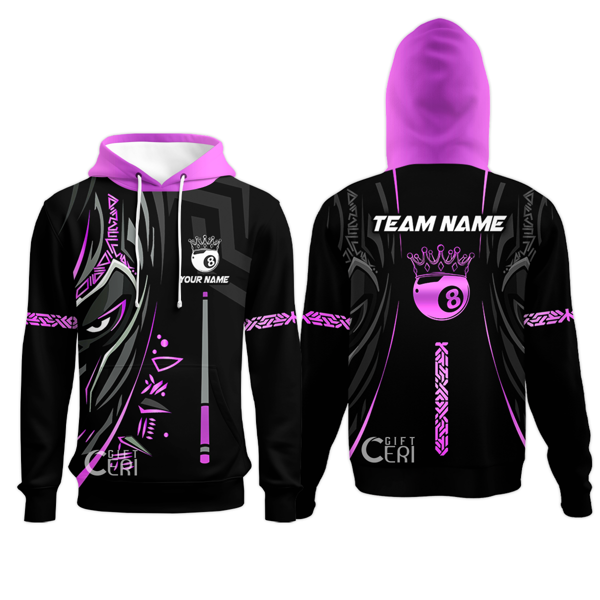 Customized Billiards Hoodies, Black Panther With Snooker Cue and 8 Ball Crown, 8 Ball Pool Jersey
