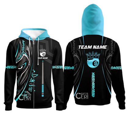 Customized Billiards Zip Hoodies, Black Panther With Snooker Cue and 8 Ball Crown, 8 Ball Pool Jersey
