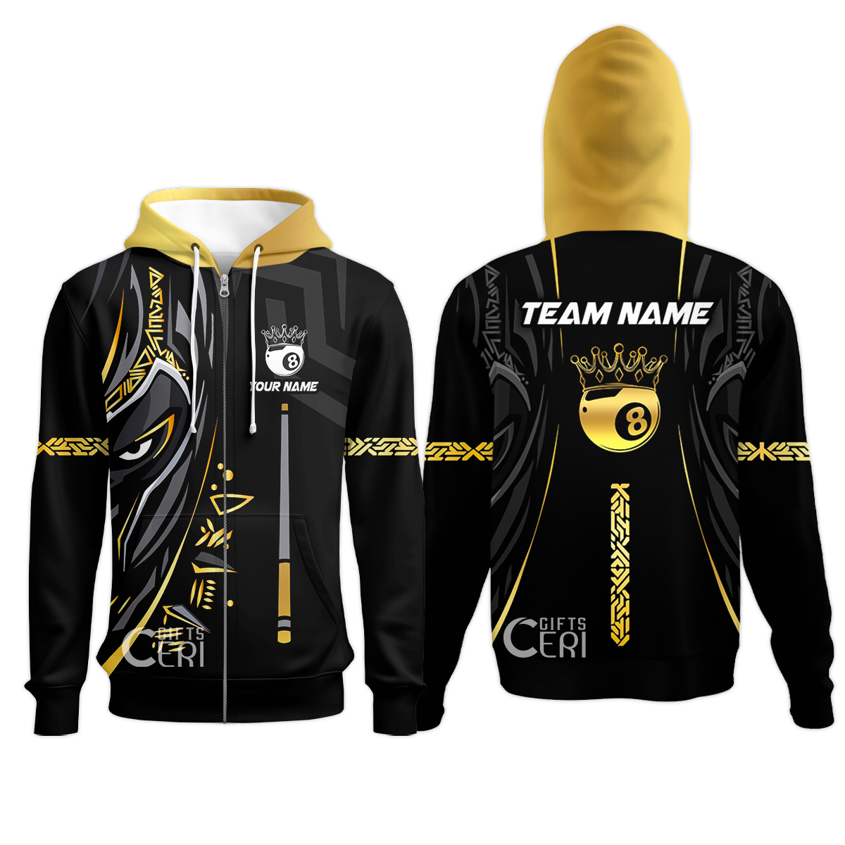 Customized Billiards Zip Hoodies, Black Panther With Snooker Cue and 8 Ball Crown, 8 Ball Pool Jersey