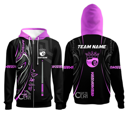 Customized Billiards Zip Hoodies, Black Panther With Snooker Cue and 8 Ball Crown, 8 Ball Pool Jersey