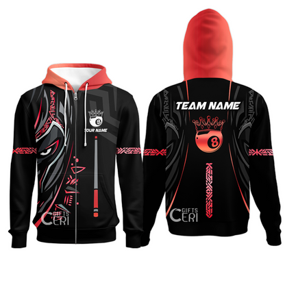 Customized Billiards Zip Hoodies, Black Panther With Snooker Cue and 8 Ball Crown, 8 Ball Pool Jersey