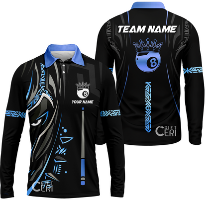 Customized Billiards Long Sleeve Polo Shirt, Black Panther With Snooker Cue and 8 Ball Crown, 8 Ball Pool Jersey