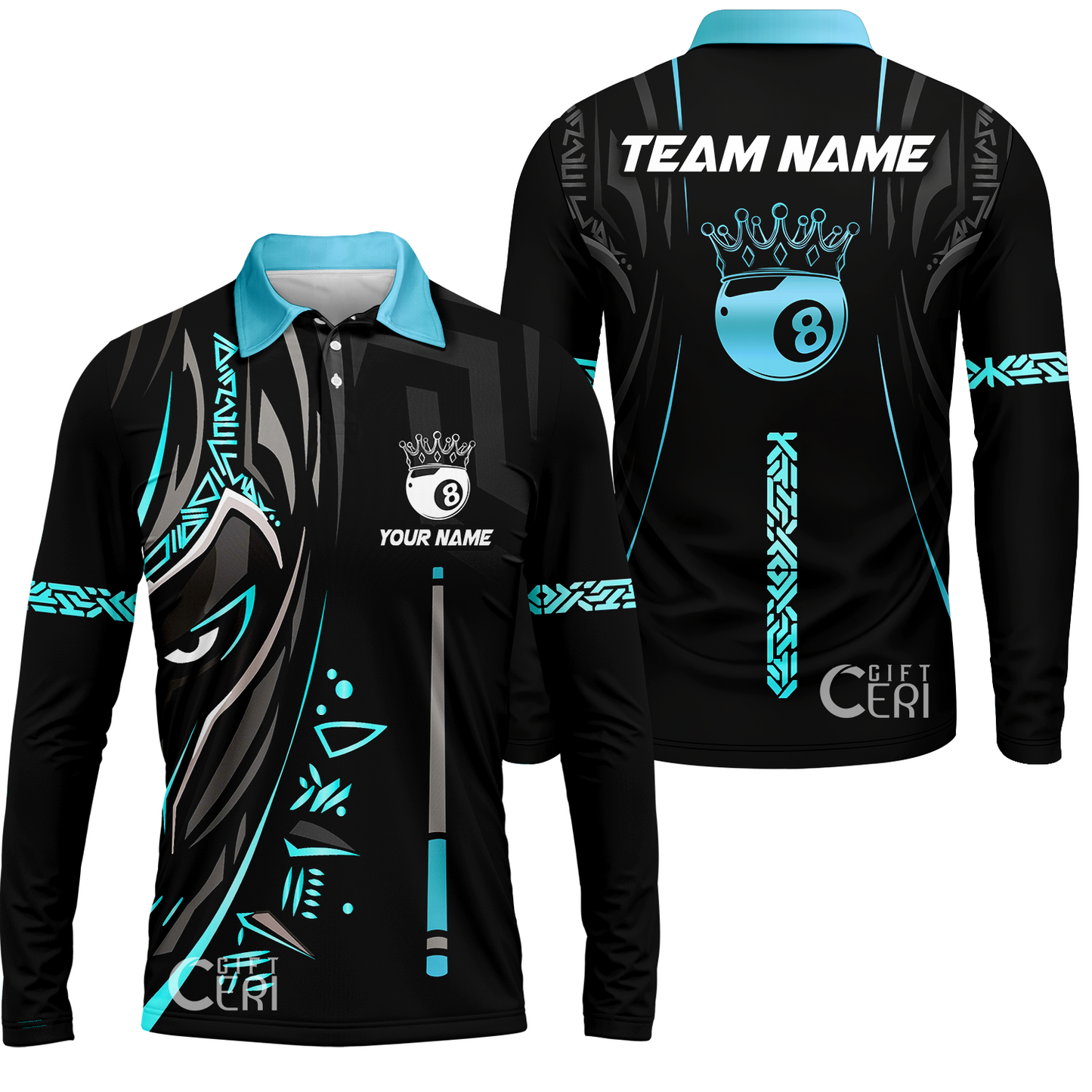 Customized Billiards Long Sleeve Polo Shirt, Black Panther With Snooker Cue and 8 Ball Crown, 8 Ball Pool Jersey