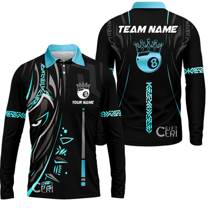 Customized Billiards Long Sleeve Polo Shirt, Black Panther With Snooker Cue and 8 Ball Crown, 8 Ball Pool Jersey