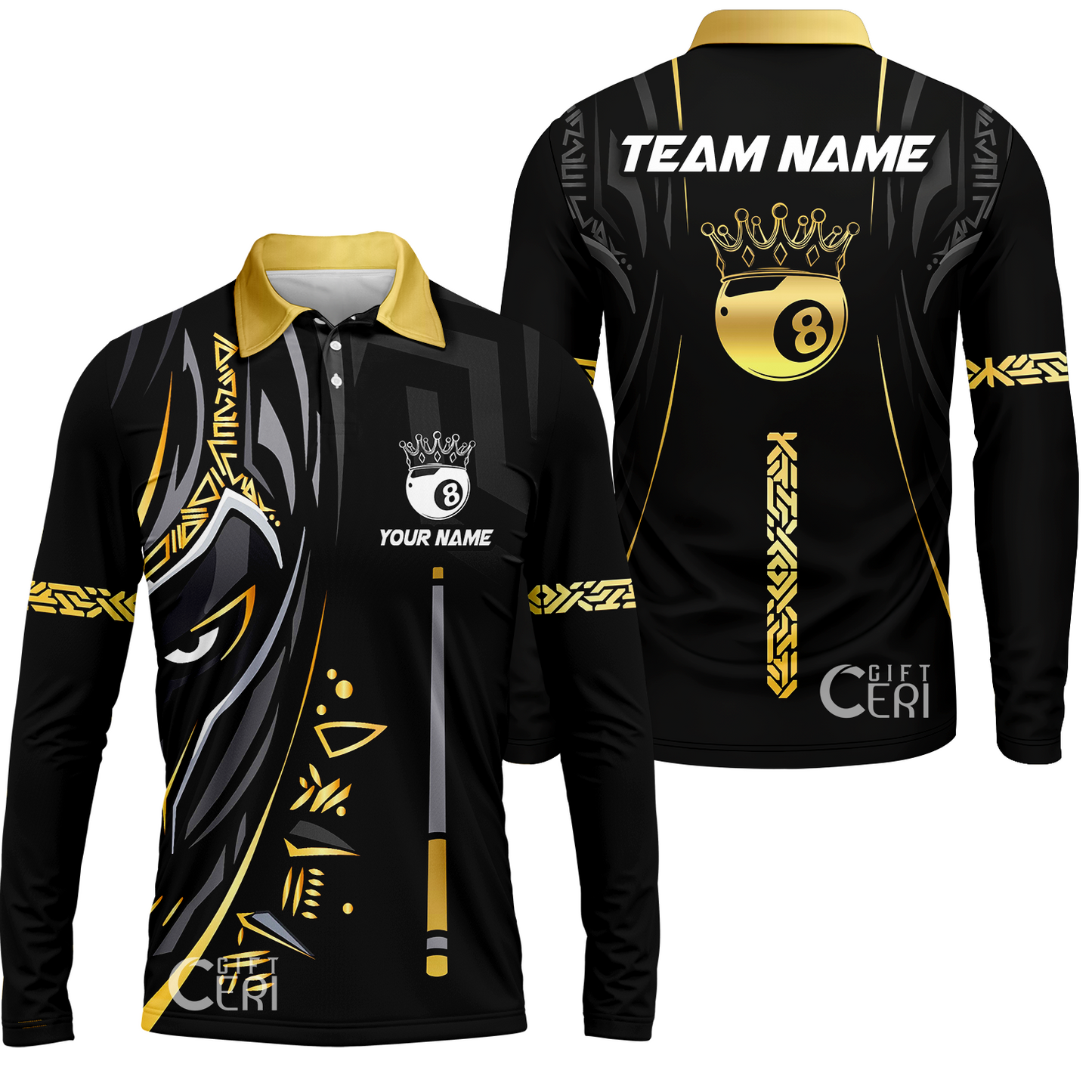 Customized Billiards Long Sleeve Polo Shirt, Black Panther With Snooker Cue and 8 Ball Crown, 8 Ball Pool Jersey