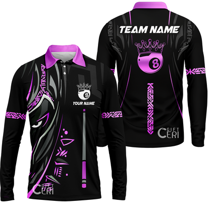 Customized Billiards Long Sleeve Polo Shirt, Black Panther With Snooker Cue and 8 Ball Crown, 8 Ball Pool Jersey