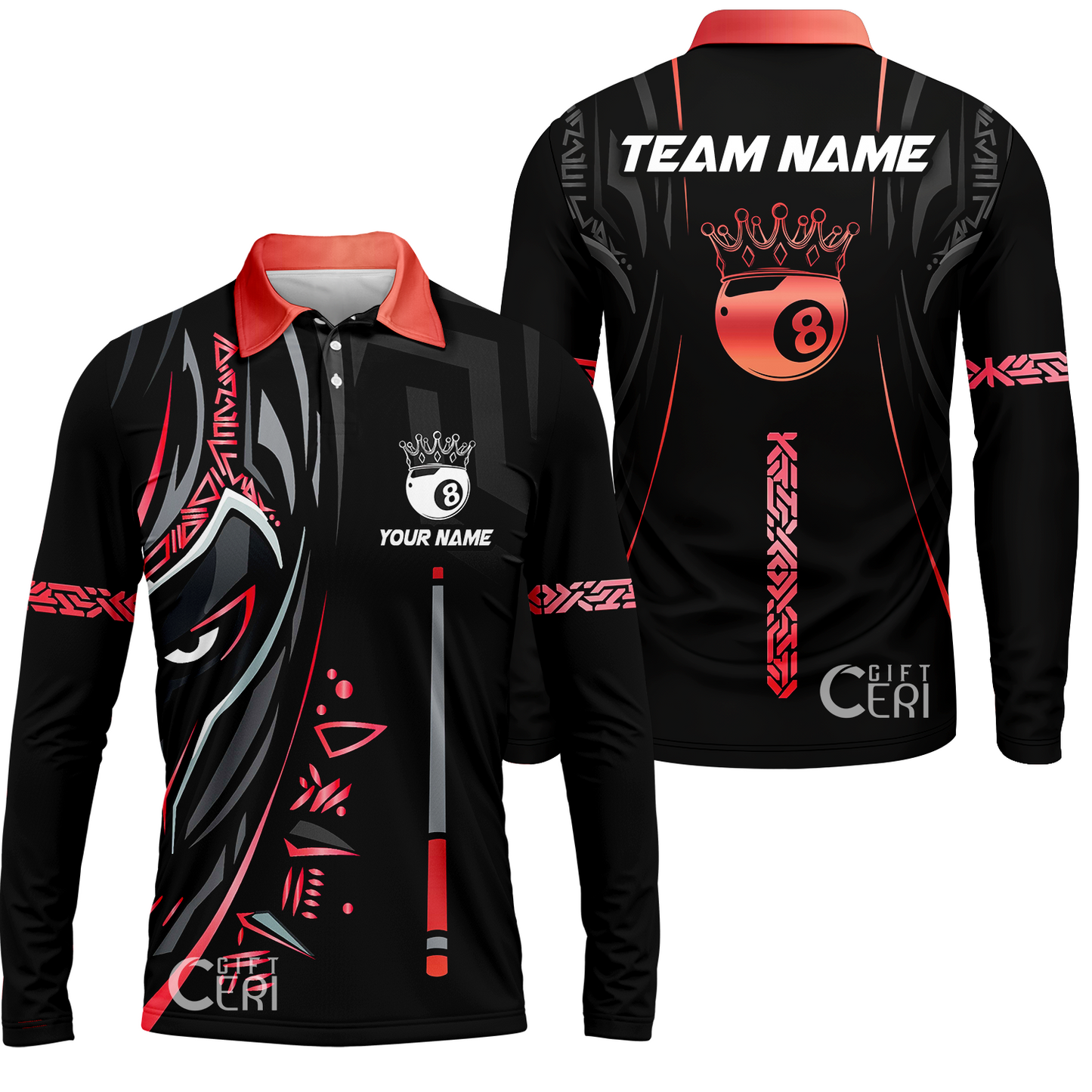 Customized Billiards Long Sleeve Polo Shirt, Black Panther With Snooker Cue and 8 Ball Crown, 8 Ball Pool Jersey