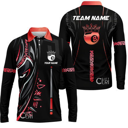 Customized Billiards Long Sleeve Polo Shirt, Black Panther With Snooker Cue and 8 Ball Crown, 8 Ball Pool Jersey