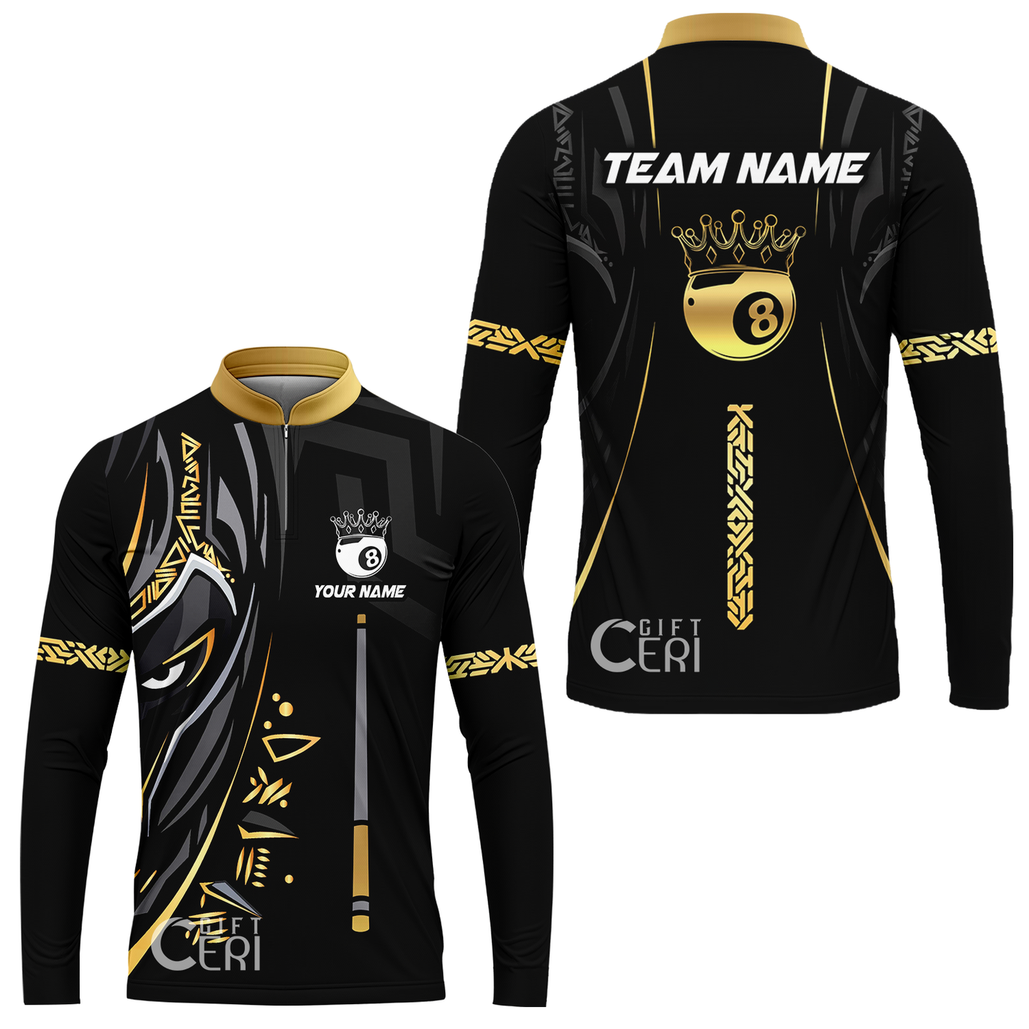 Customized Billiards Stand Collar Quarter-Zip Long Sleeve Jersey, Black Panther With Snooker Cue 8 Ball Pool Jersey