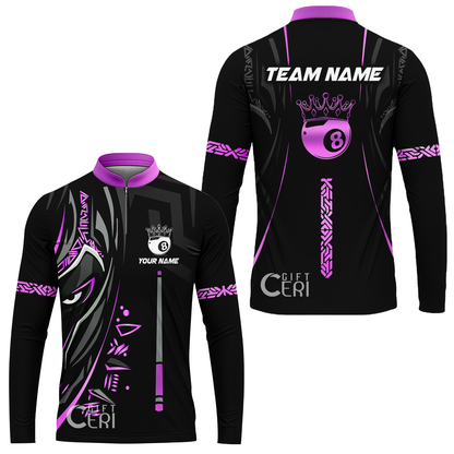 Customized Billiards Stand Collar Quarter-Zip Long Sleeve Jersey, Black Panther With Snooker Cue 8 Ball Pool Jersey