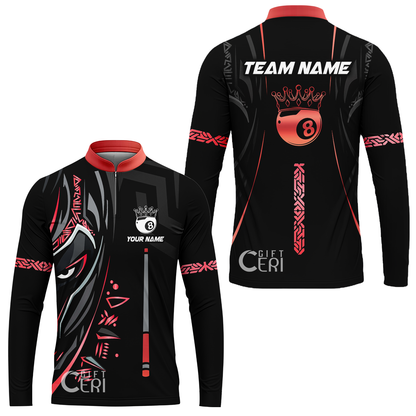 Customized Billiards Stand Collar Quarter-Zip Long Sleeve Jersey, Black Panther With Snooker Cue 8 Ball Pool Jersey