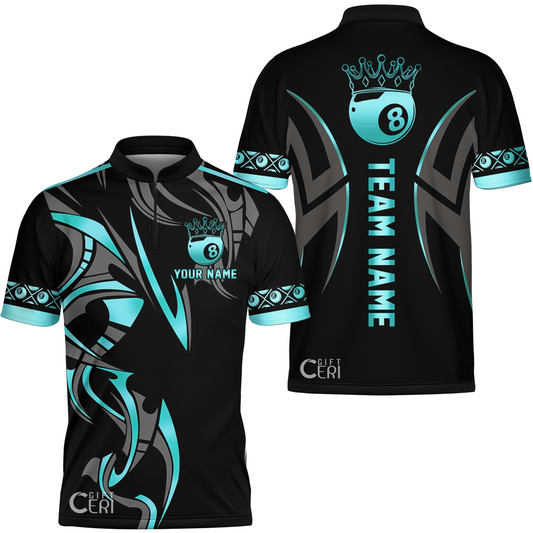 Customized Billiards Stand Collar Quarter-Zip Short Sleeve Jersey, Crown 8 Ball Esport, 8 Ball Jersey