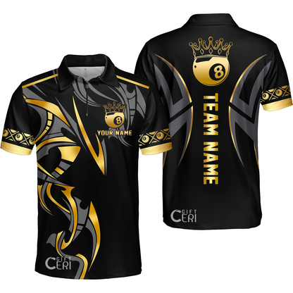 Customized Billiards Quarter-Zip Polo Shirt, Crown 8 Ball Esport, 8 Ball Jersey