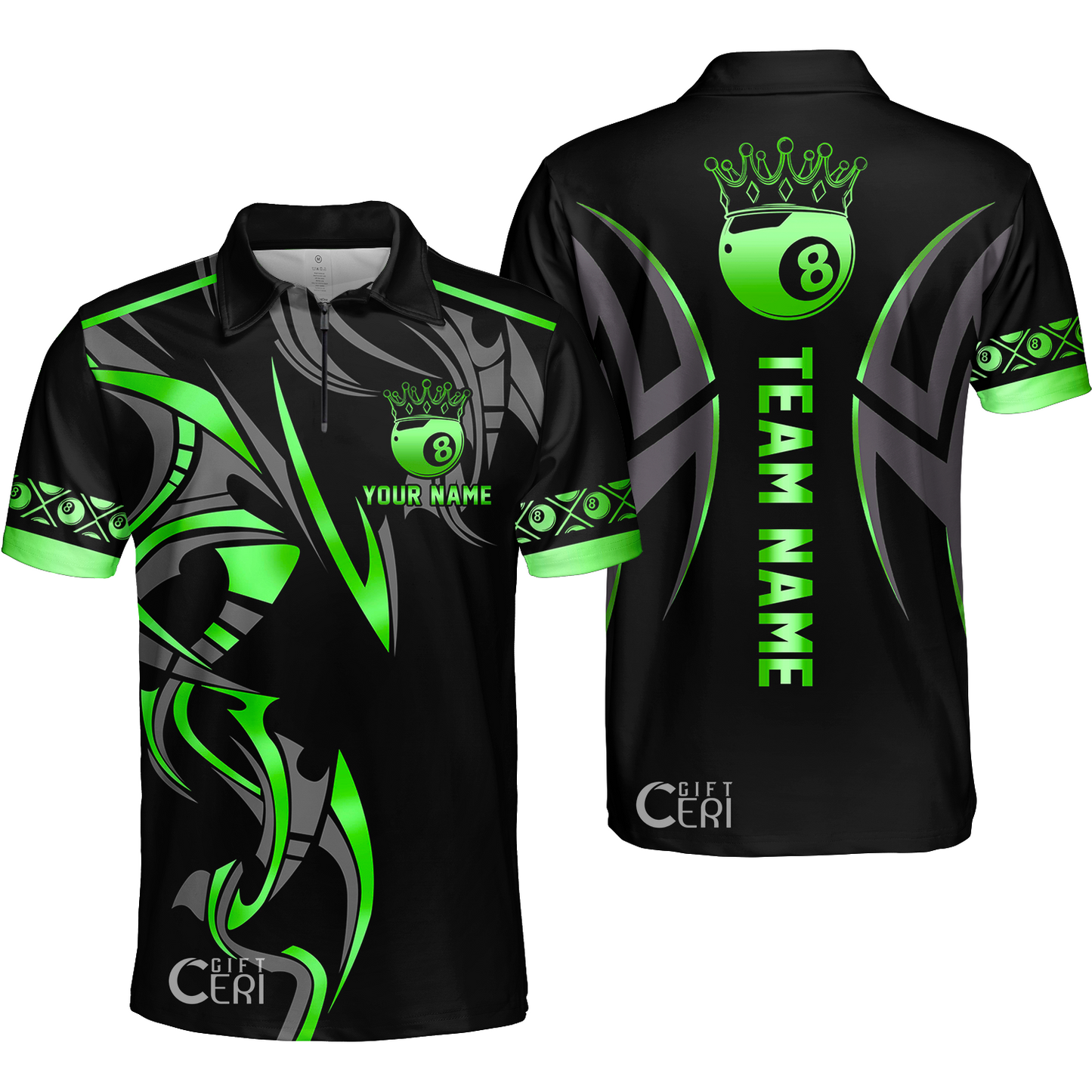 Customized Billiards Quarter-Zip Polo Shirt, Crown 8 Ball Esport, 8 Ball Jersey