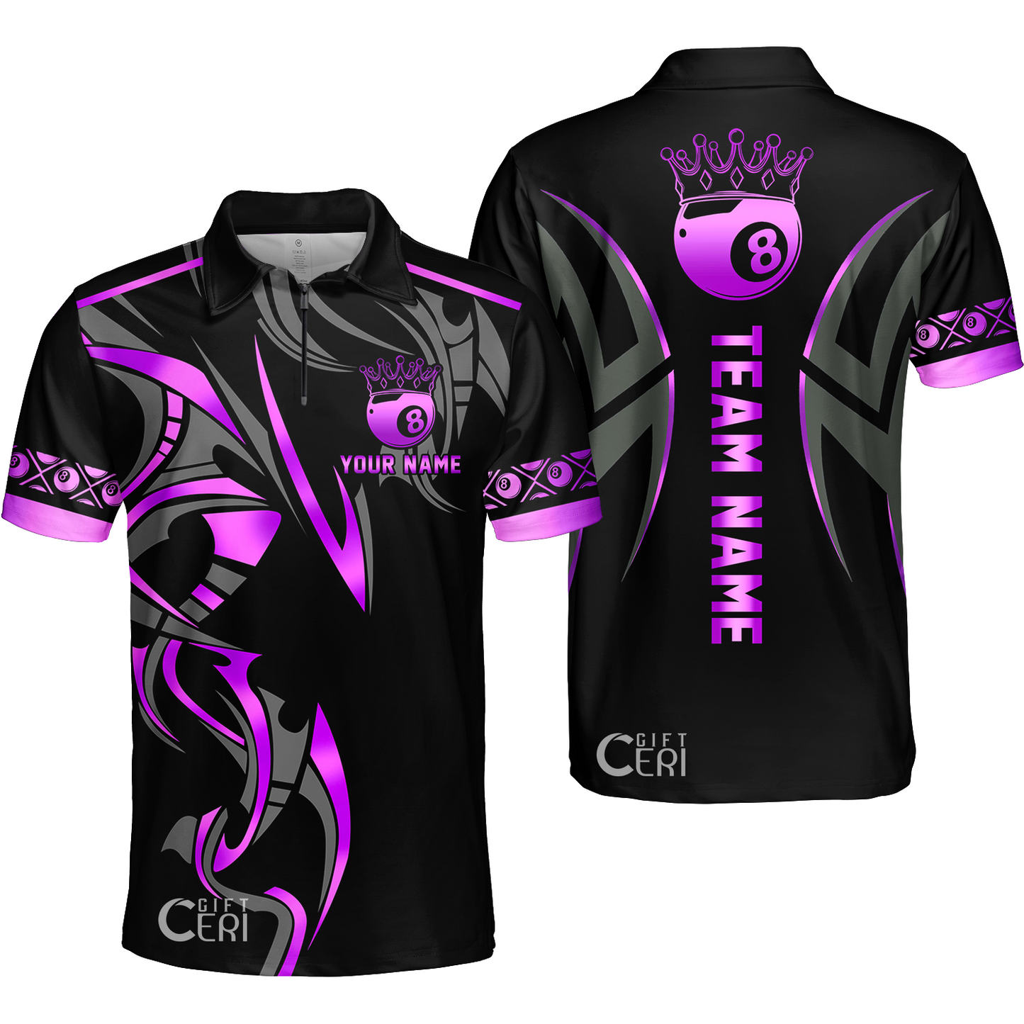 Customized Billiards Quarter-Zip Polo Shirt, Crown 8 Ball Esport, 8 Ball Jersey