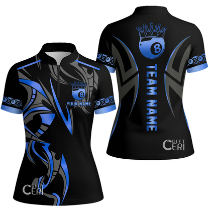 Customized Billiards Stand Collar Quarter Zip Short Sleeve Women's Shirt, Crown 8 Ball Esport, 8 Ball Jersey