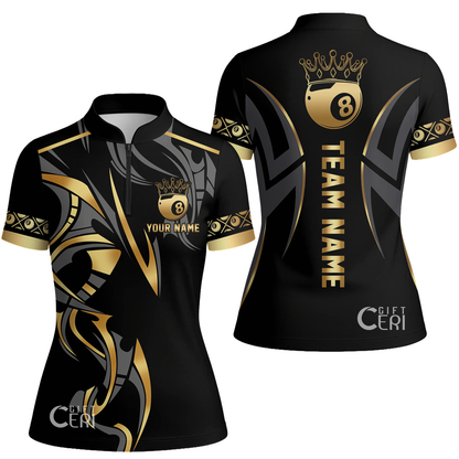 Customized Billiards Stand Collar Quarter Zip Short Sleeve Women's Shirt, Crown 8 Ball Esport, 8 Ball Jersey
