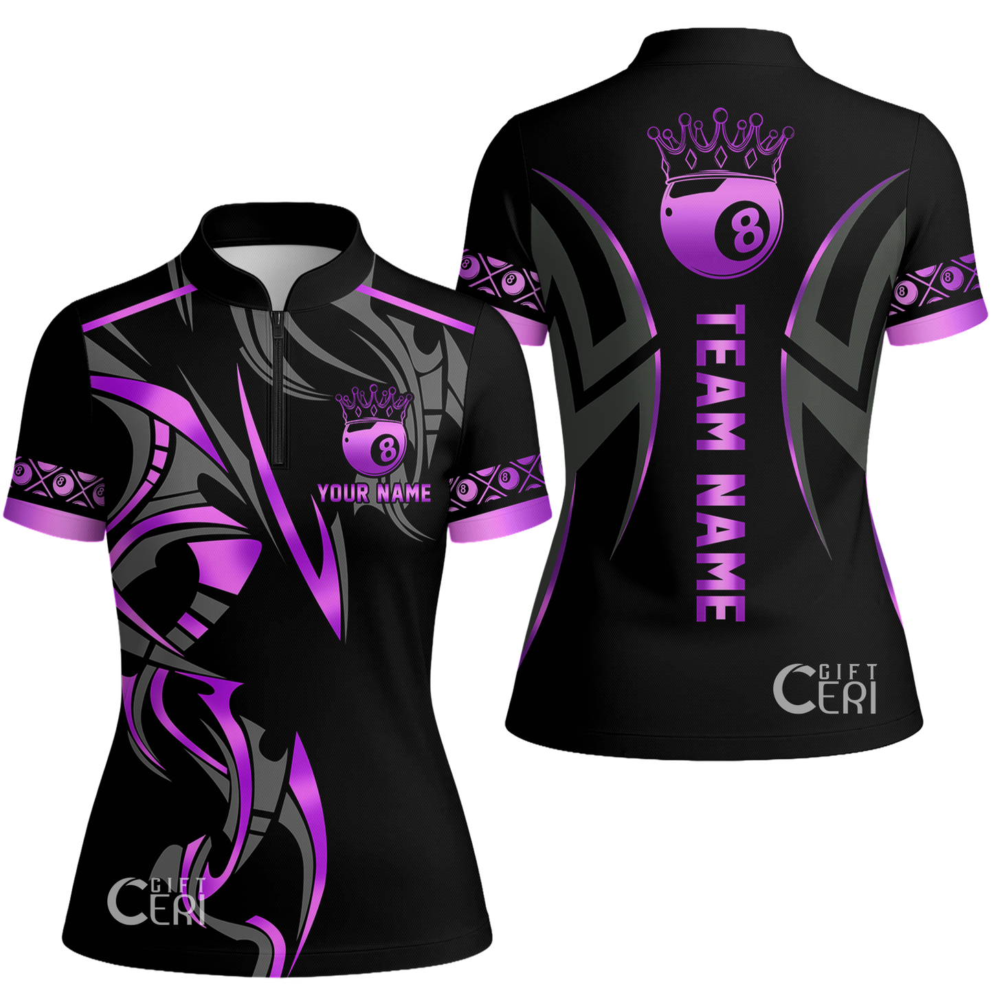 Customized Billiards Stand Collar Quarter Zip Short Sleeve Women's Shirt, Crown 8 Ball Esport, 8 Ball Jersey