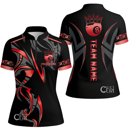 Customized Billiards Stand Collar Quarter Zip Short Sleeve Women's Shirt, Crown 8 Ball Esport, 8 Ball Jersey