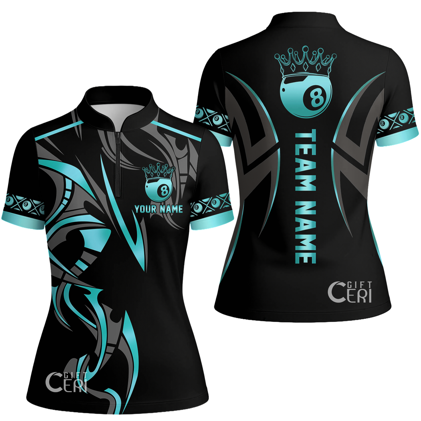 Customized Billiards Stand Collar Quarter Zip Short Sleeve Women's Shirt, Crown 8 Ball Esport, 8 Ball Jersey