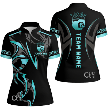 Customized Billiards Stand Collar Quarter Zip Short Sleeve Women's Shirt, Crown 8 Ball Esport, 8 Ball Jersey
