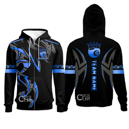 Customized Billiards Zip Hoodies, Crown 8 Ball Esport, 8 Ball Jersey