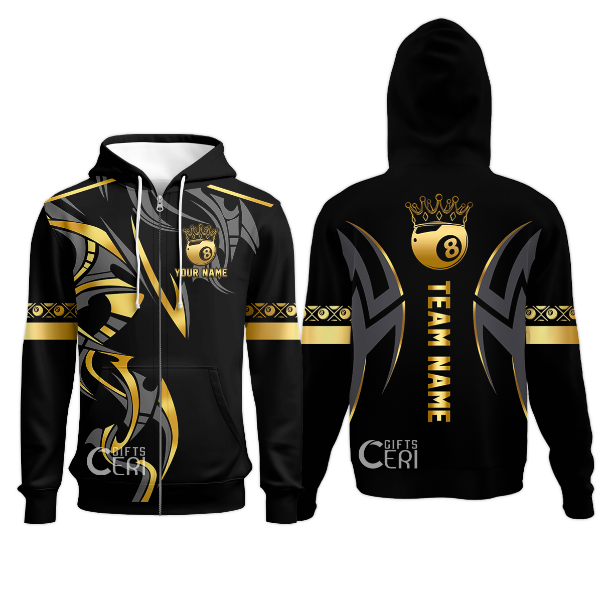 Customized Billiards Zip Hoodies, Crown 8 Ball Esport, 8 Ball Jersey