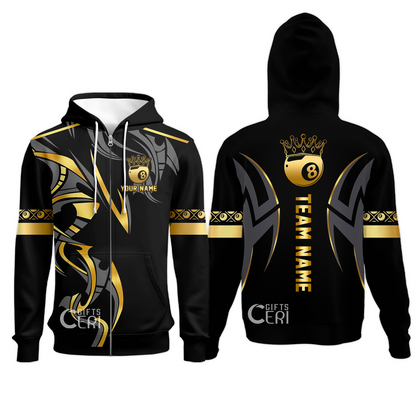 Customized Billiards Zip Hoodies, Crown 8 Ball Esport, 8 Ball Jersey