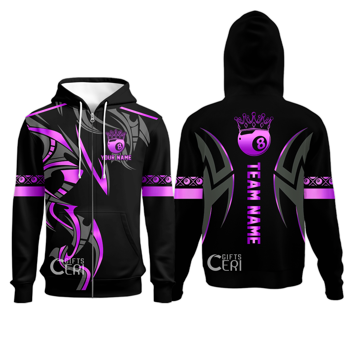 Customized Billiards Zip Hoodies, Crown 8 Ball Esport, 8 Ball Jersey